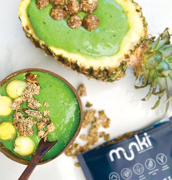 Super Green Smoothie Bowl with Tropical Kale Granola Bites
